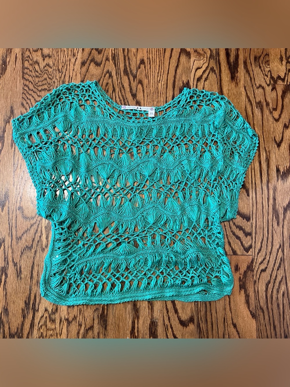 Chelsea & Violet Kelly Green crochet crop top with boatneck